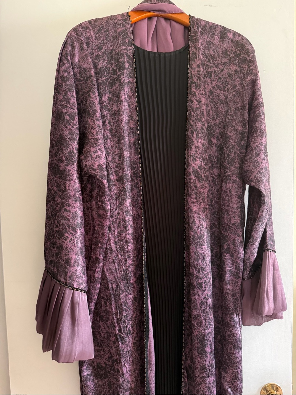 Purple Marbled Open Abaya with Pleated Sleeve Detail.